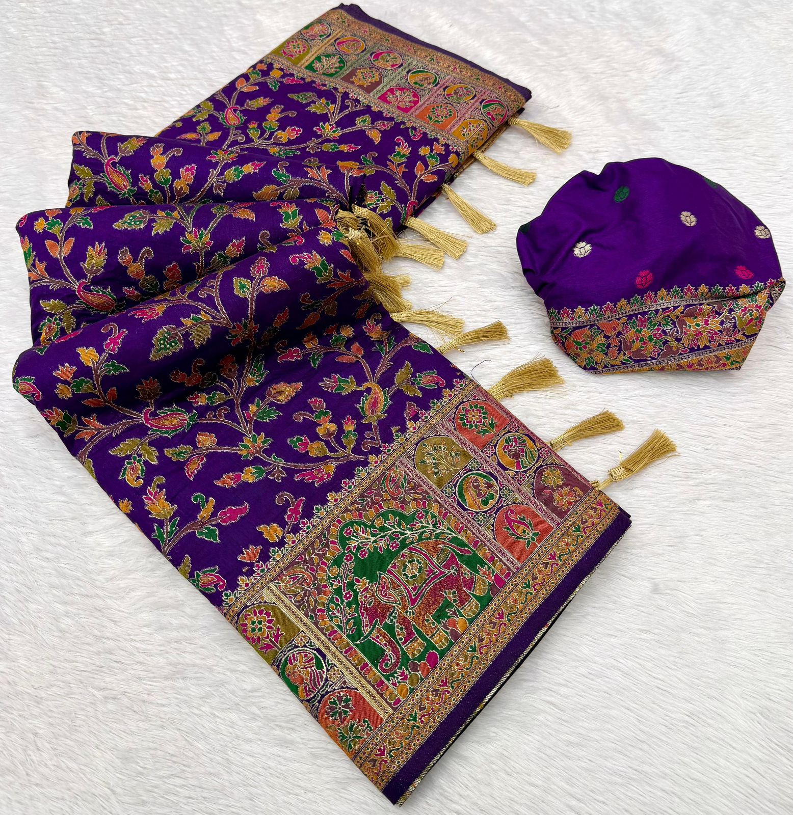 Rajwadi Pashmina Silk Saree with Kashmiri Weaving & Zari Border
